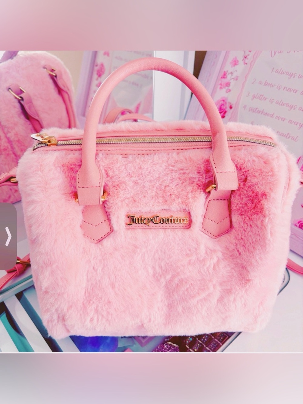Juicy Couture Pink Faux Fur Satchel with Gold Hardware